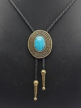 Necklace Bolo Tie Rodeo Cowboy Leather Necktie Western Wear Gold w Turquoise